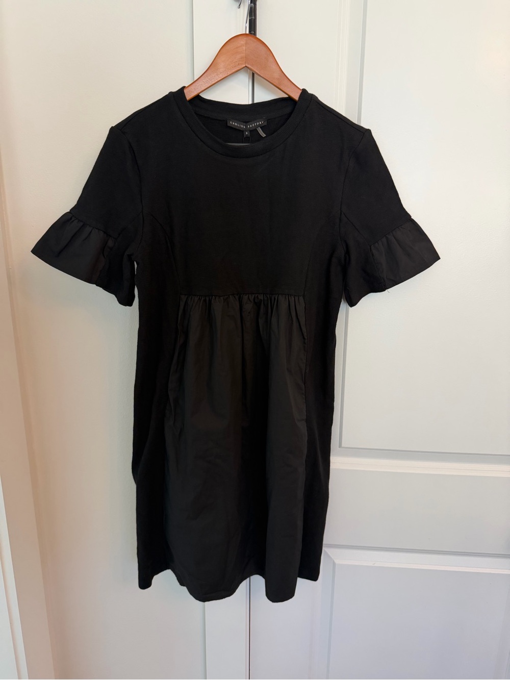 NWT English Factory Black Mixed Media Ruffle Sleeve Mini Dress S